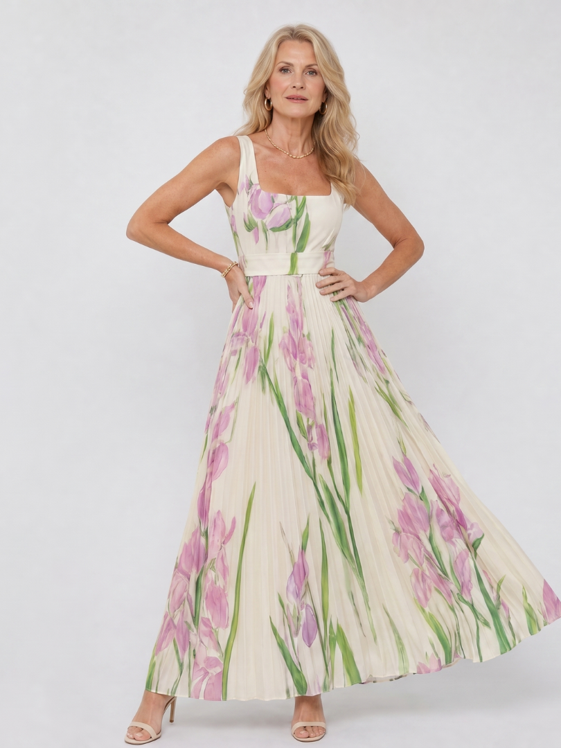 Vimele | Pleated Sleeveless Square Neck Midi Dress