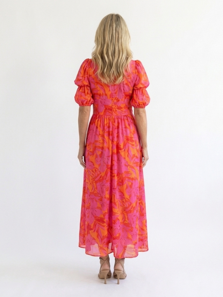 Violet & Grace™ | Floral V Neck Puff Sleeve Midi Dress