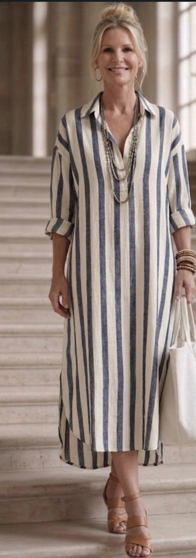 Naomi | Long Sleeve Striped Midi Shirt Dress