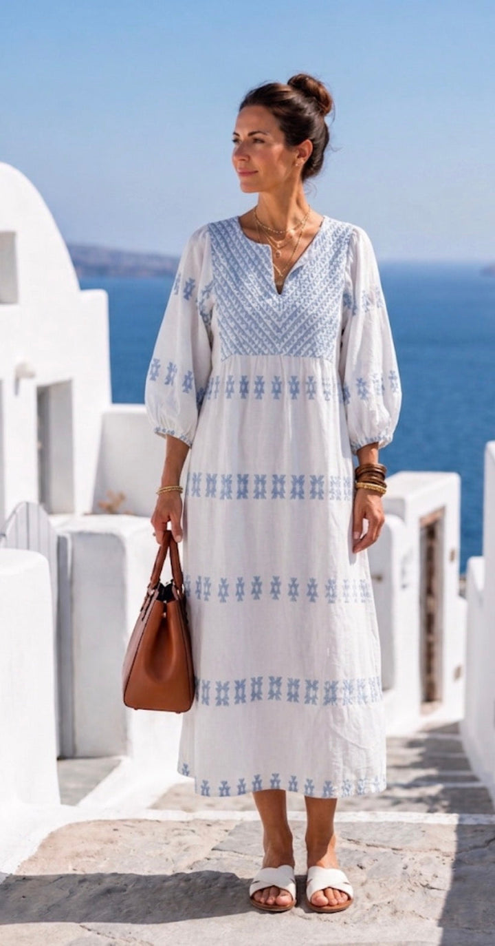 Evadne | V Neck Long Sleeve Embroidered Maxi Dress