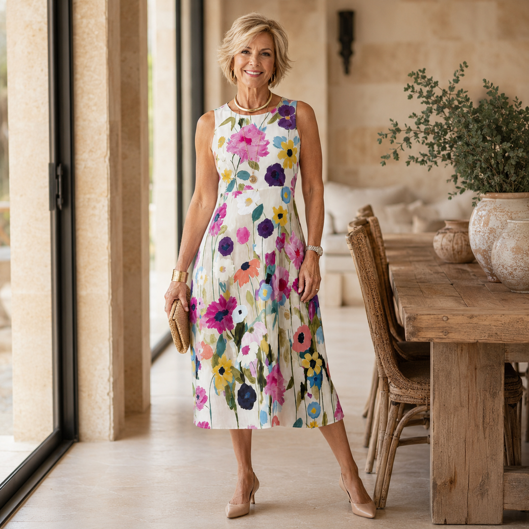 Flory | Floral Print Sleeveless Round Neck Midi Dress