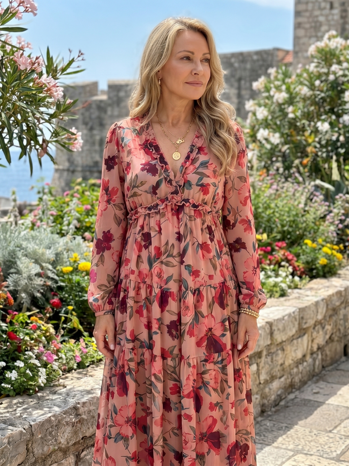 Camelo | Floral Print Long Sleeve Tiered Maxi Dress