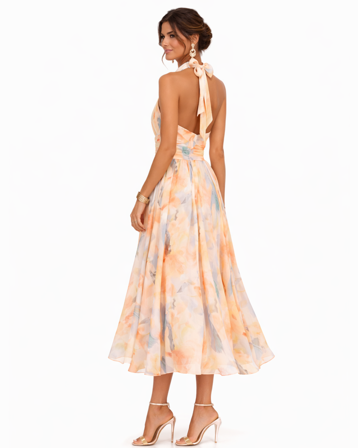 Halter Neck Maxi Dress with Watercolor Print