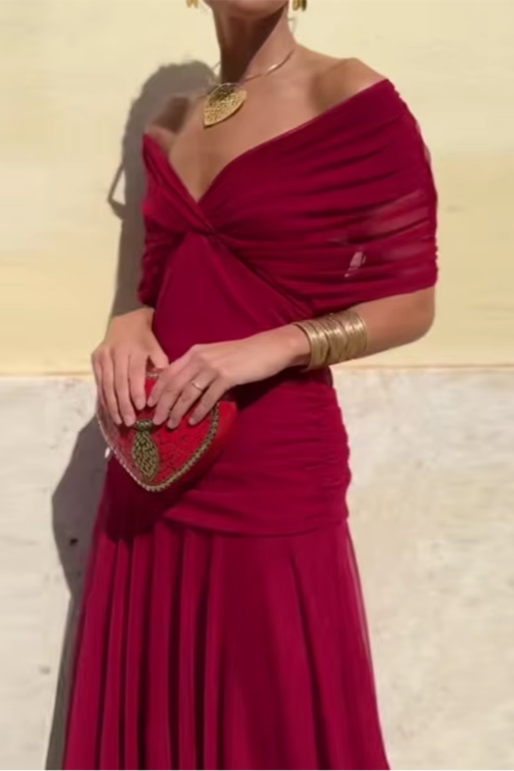 Elegant V-Neck Maxi Dress with Pleated Waist for Women