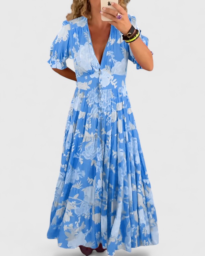 Floral V-Neck Dress with Pockets - Elegant Summer Dress