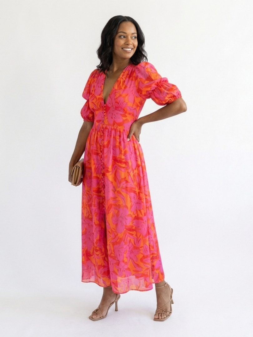 Violet & Grace™ | Floral V Neck Puff Sleeve Midi Dress