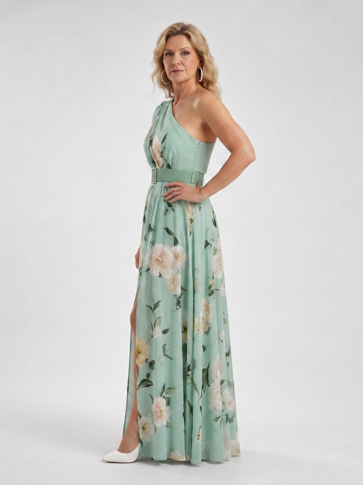 Manios | Floral Print One Shoulder Belted Maxi Dress