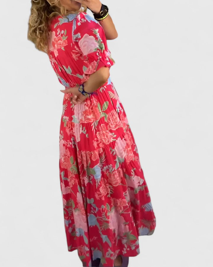 Floral V-Neck Dress with Pockets - Elegant Summer Dress
