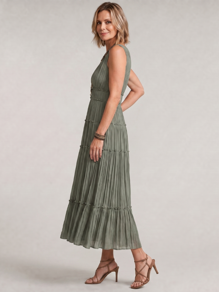 Somala | Pleated Sleeveless Tiered V Neck Midi Dress