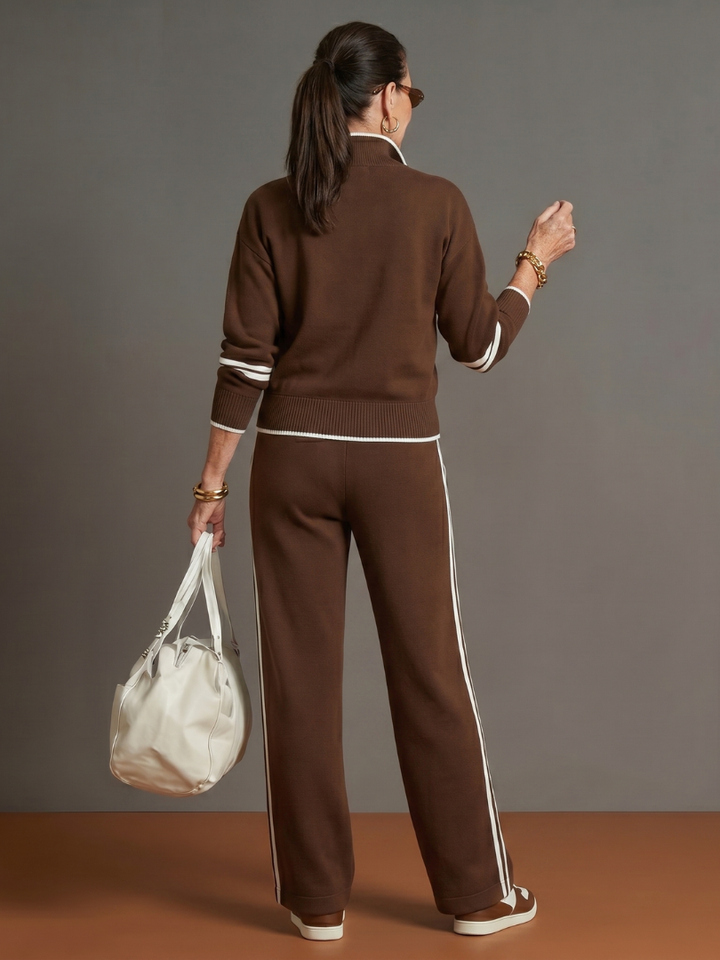 Rain | Zip Neck Long Sleeve Side Stripe Leg Pants Set