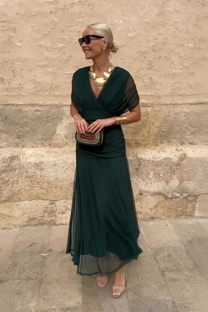 Elegant V-Neck Maxi Dress with Pleated Waist for Women