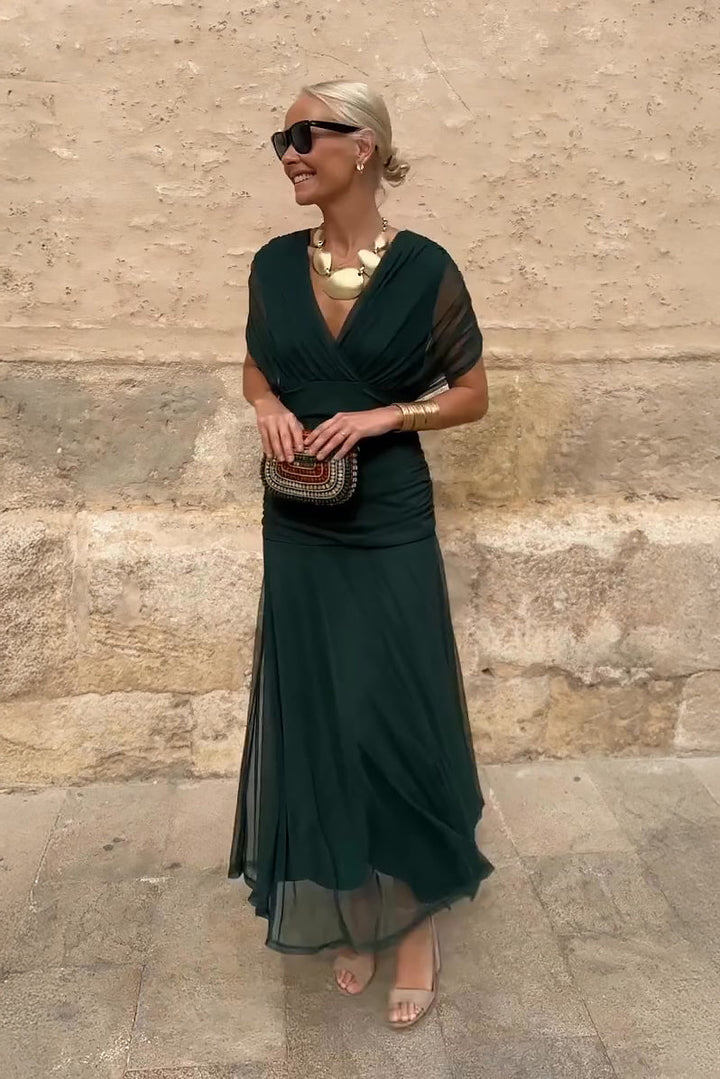 Elegant V-Neck Maxi Dress with Pleated Waist for Women