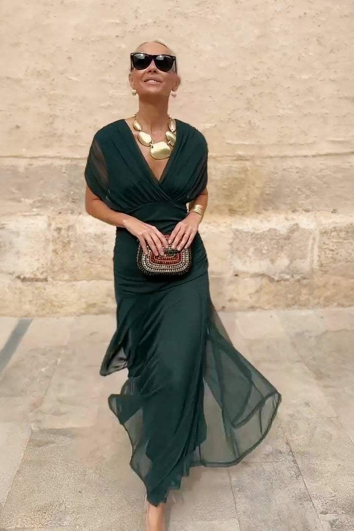 Elegant V-Neck Maxi Dress with Pleated Waist for Women