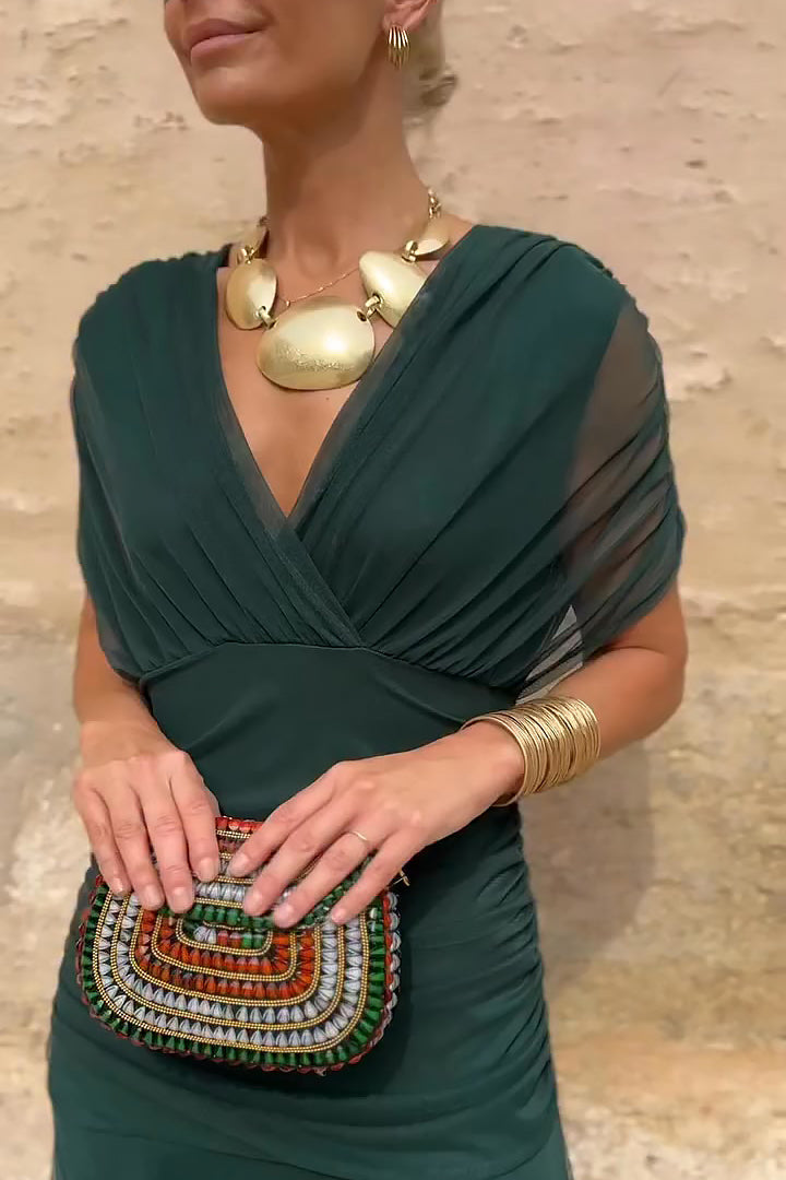 Elegant V-Neck Maxi Dress with Pleated Waist for Women