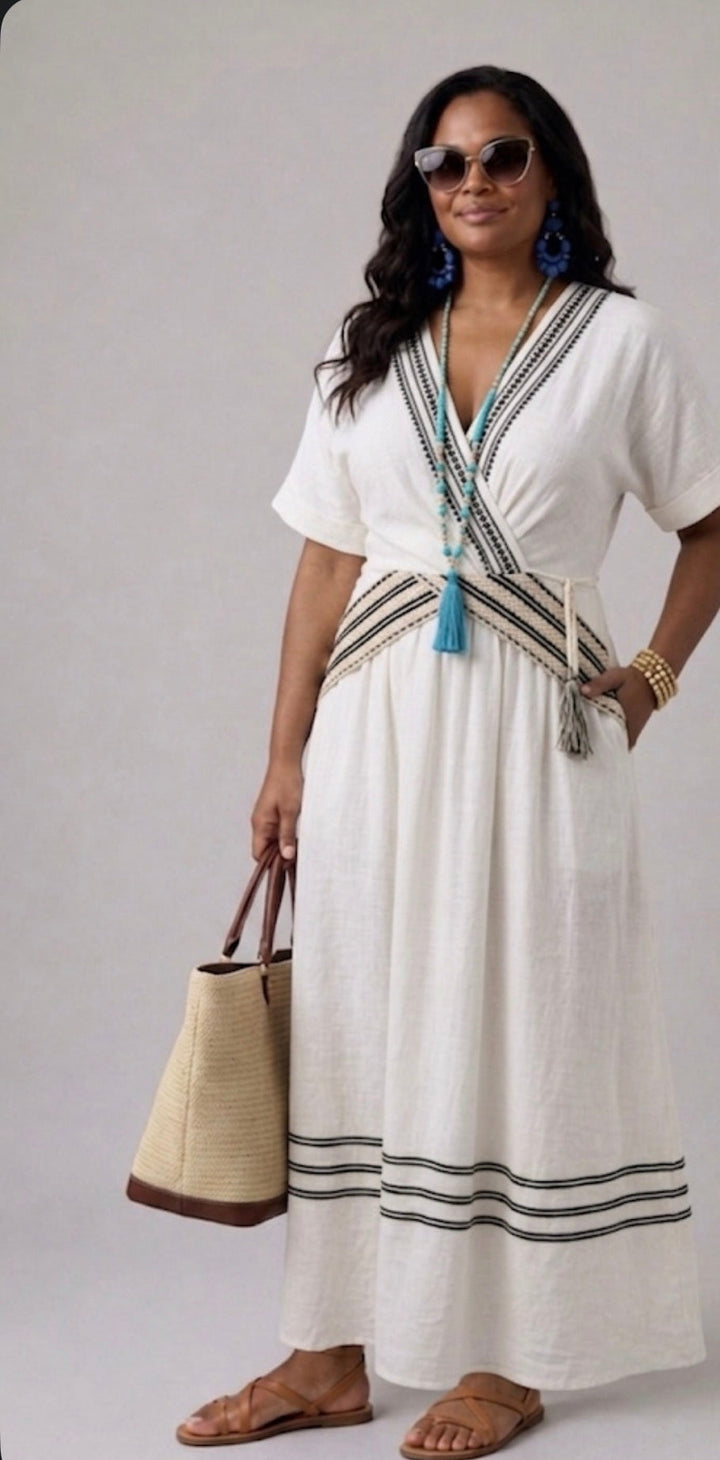 Seren | Short Sleeve V Neck Wrap Style Midi Dress