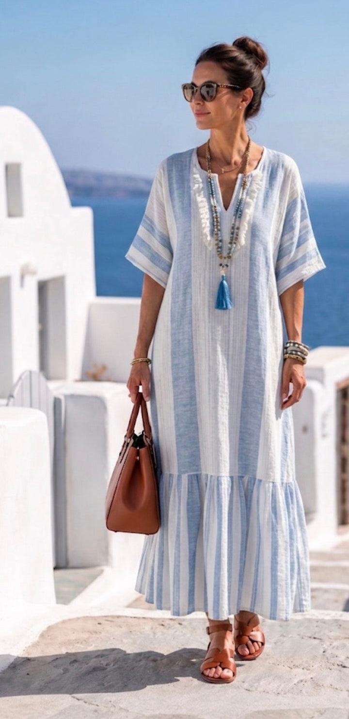 Ione | Round Neck Short Sleeve Striped Maxi Dress