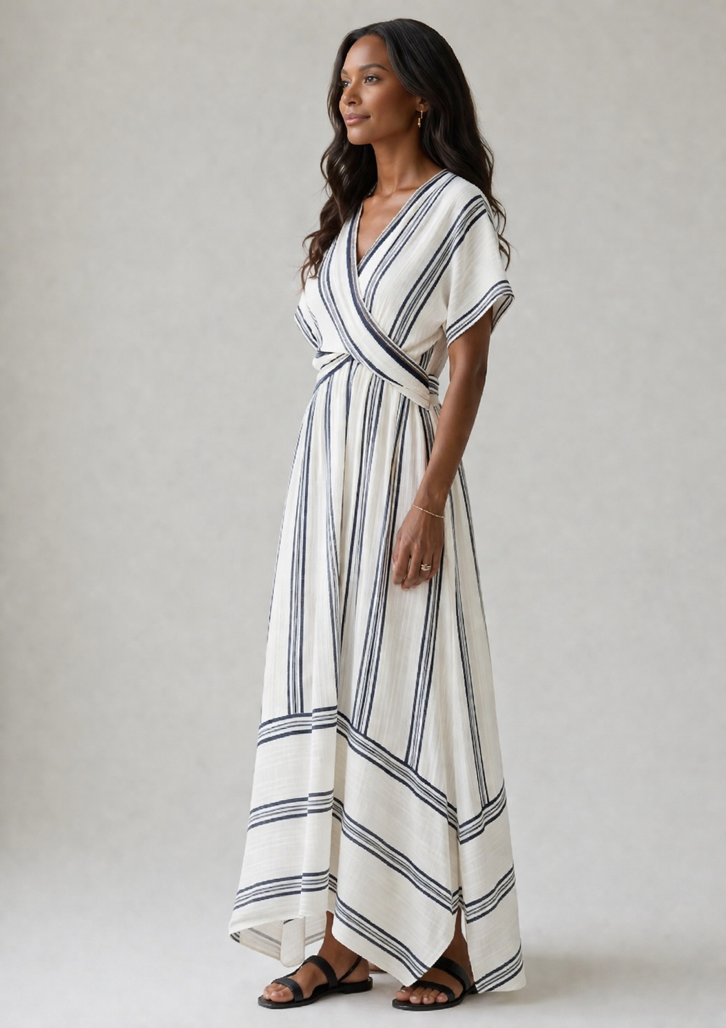 Thalassa | V Neck Short Sleeve Wrap Waist Midi Dress