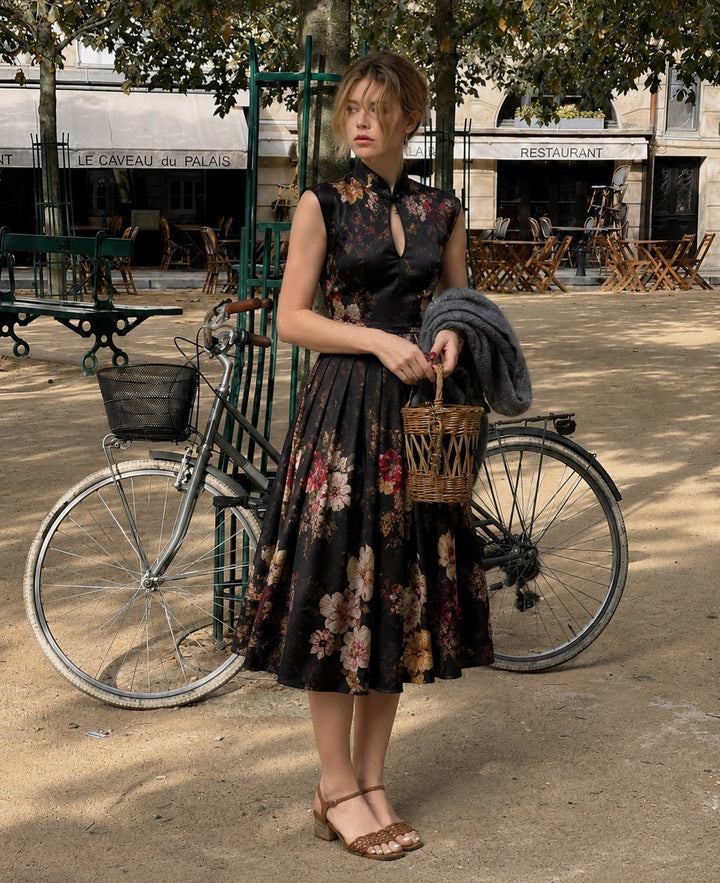 Patricia | Black Floral Satin Pleated Midi Dress