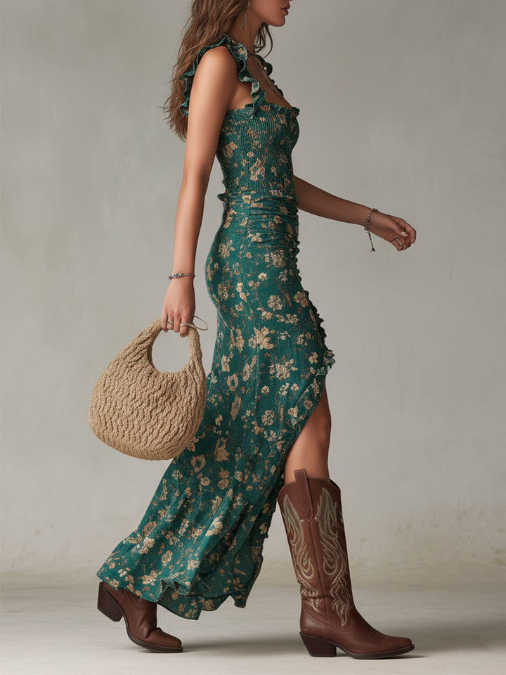 Maxi Dress with Puffed Sleeves and High Slit