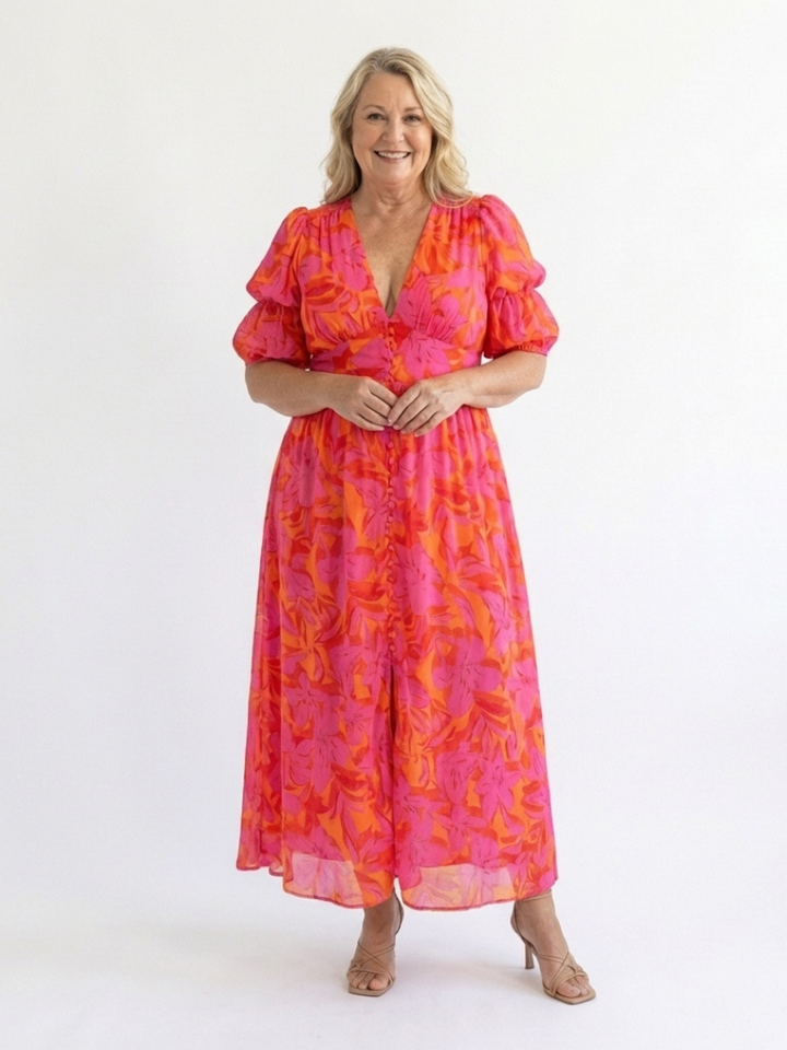 Violet & Grace™ | Floral V Neck Puff Sleeve Midi Dress