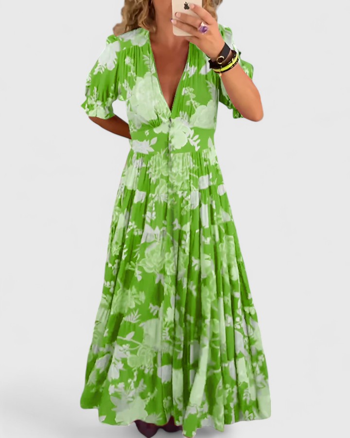 Floral V-Neck Dress with Pockets - Elegant Summer Dress