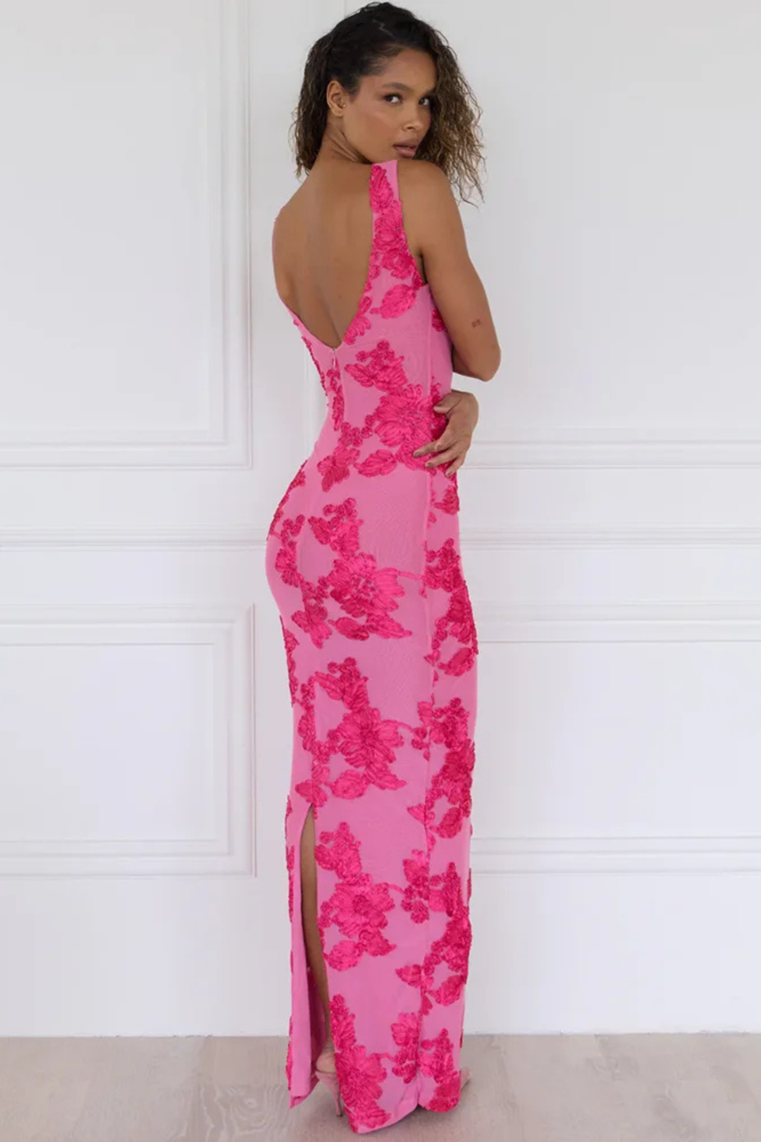Pink Maxi Dress with Floral Embroidery for Women