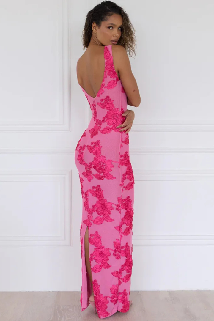 Pink Maxi Dress with Floral Embroidery for Women