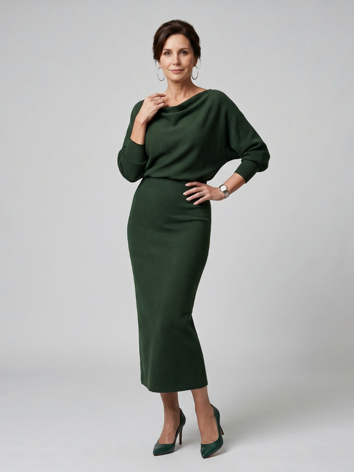 Romy | Draped Neckline Fitted Skirt Midi Dress