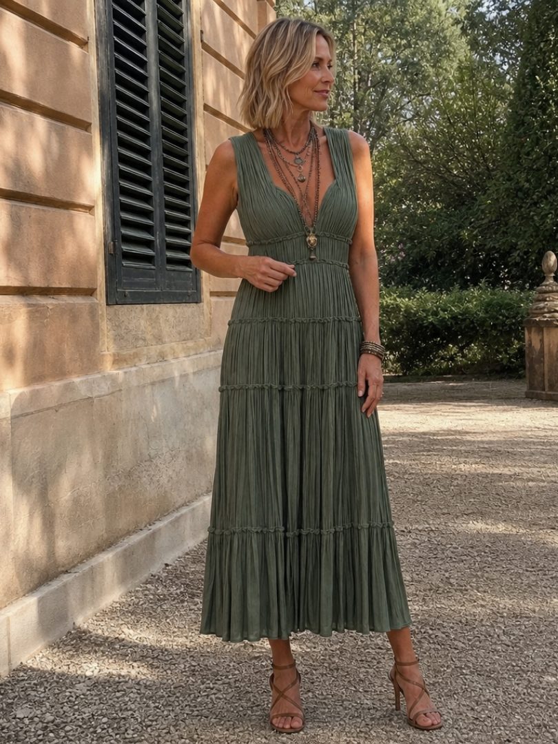 Somala | Pleated Sleeveless Tiered V Neck Midi Dress