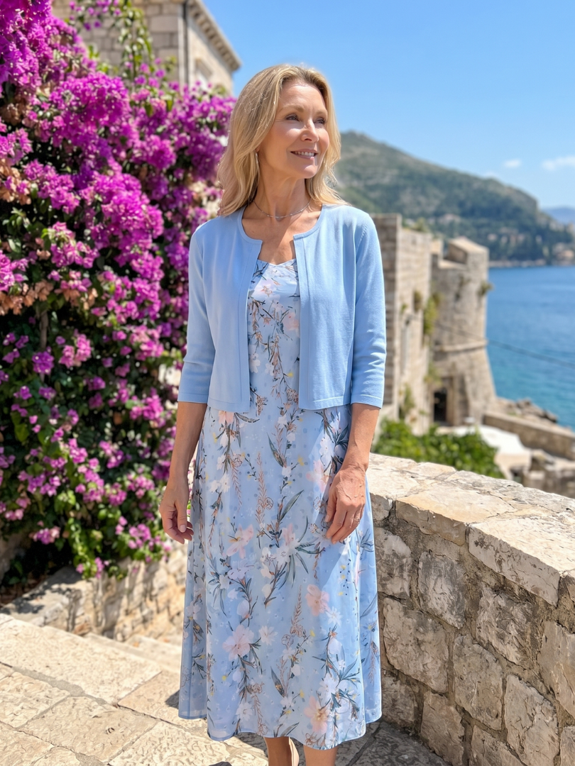 Celeste | Floral Print Sleeveless Cropped Jacket Midi Dress