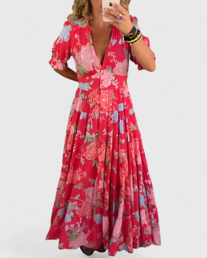 Floral V-Neck Dress with Pockets - Elegant Summer Dress