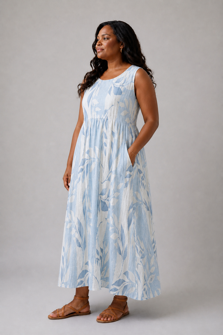 Solene | Sleeveless Blue Leaf Pattern Midi Dress