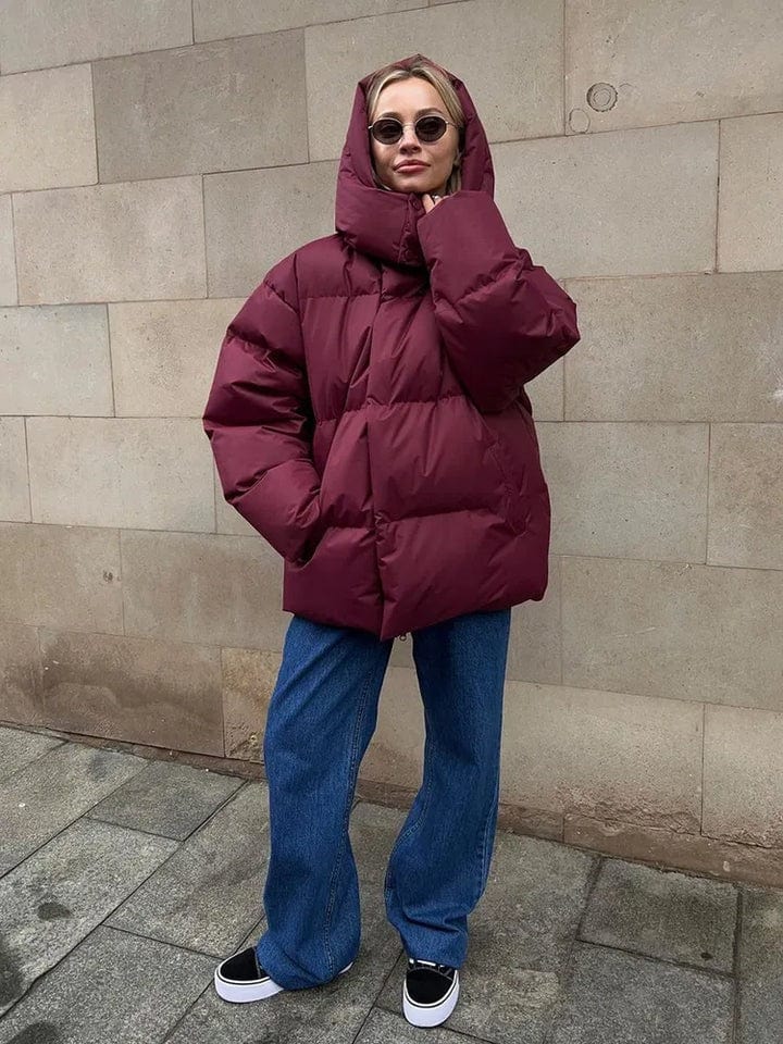 Women's Oversized High Collar Puffer Jacket with Quilted Design