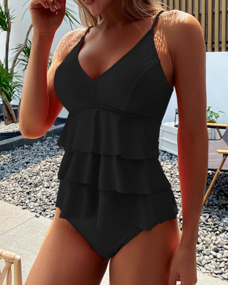 Lia - Solid Color Swimsuit with Fashionable Ruffles
