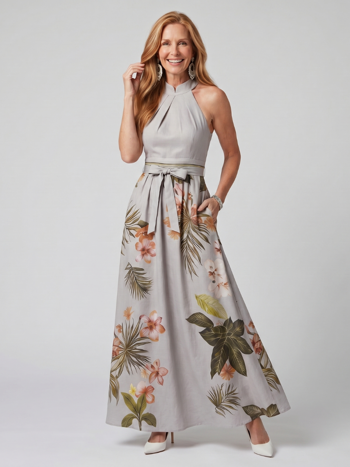 Meadow | Draped Halter Botanical Panel Maxi Dress