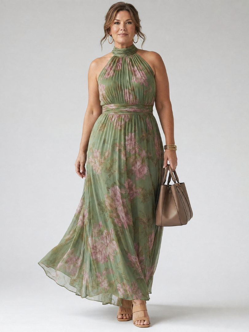 Floral Midi Dress with Halter Neckline and Gathered Bodice