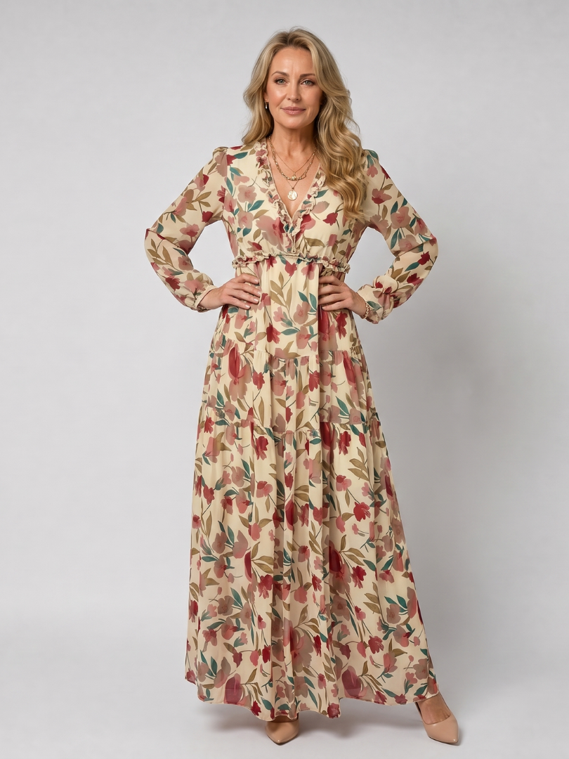 Camelo | Floral Print Long Sleeve Tiered Maxi Dress
