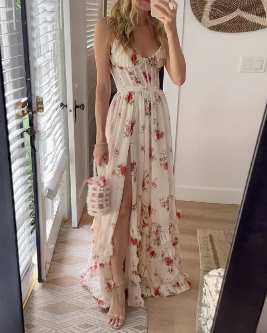 Floral V-Neck Dress for Women - Lightweight Summer Midi Dress