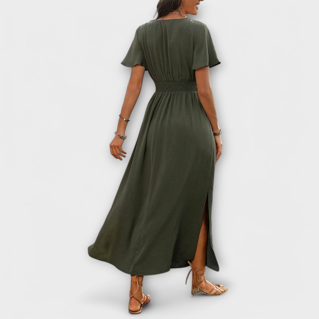 Heather - Elegant Boho Dress with V-Neck and Long Sleeves