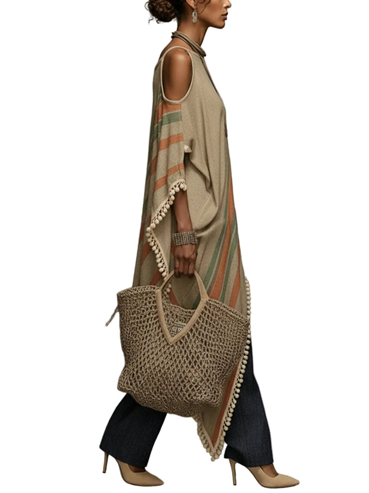 Khaki Linen Blend Printed Off Shoulder Dress With Fringe Hem