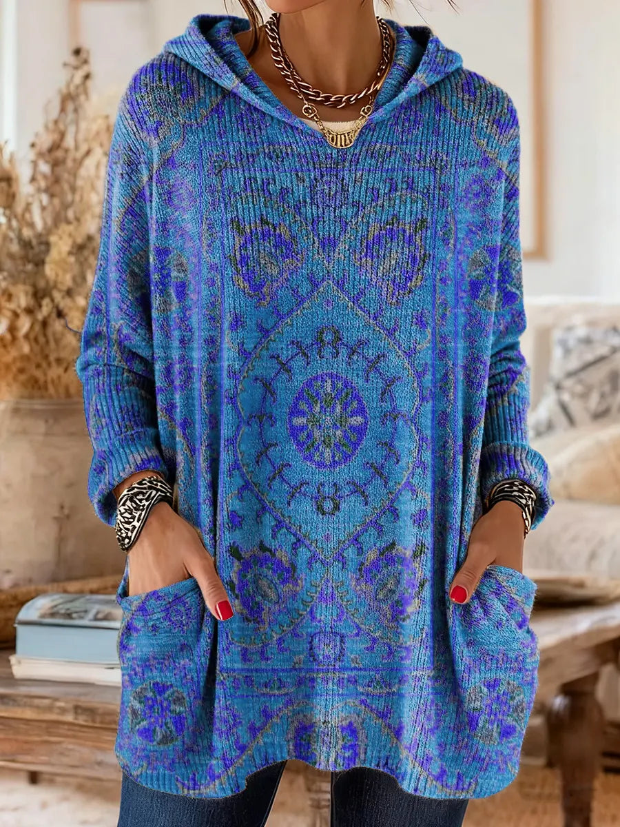 Retro Ethnic Print Hooded Knit Tunic