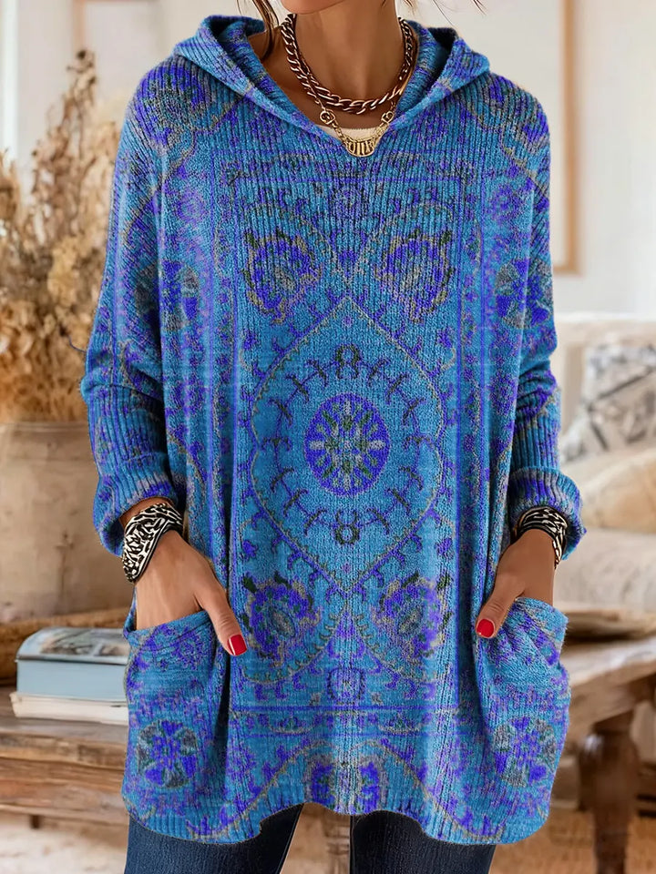 Retro Ethnic Print Hooded Knit Tunic