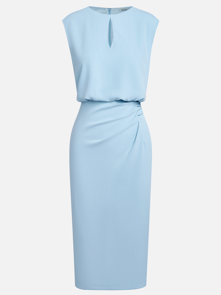 Elegant Midi Dress with Side Draping and Open Neckline