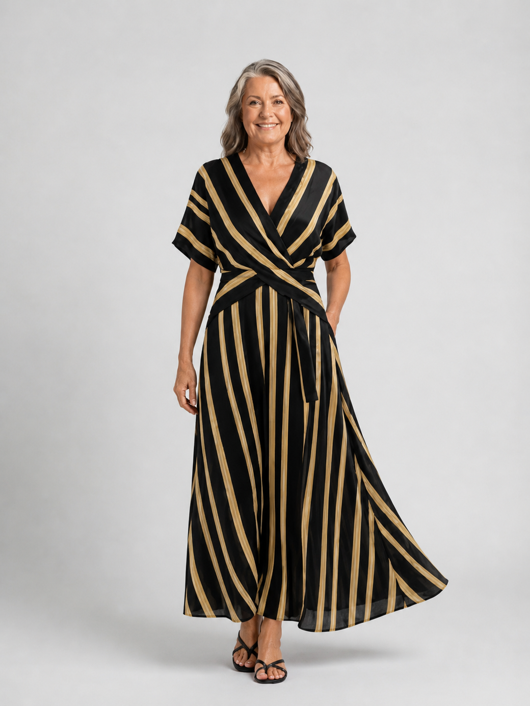 Lina | Short Sleeve V Neck Striped Wrap Midi Dress