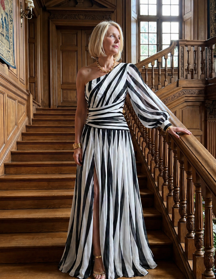 Violet & Grace™ |Elegant Striped Maxi Dress with One Shoulder