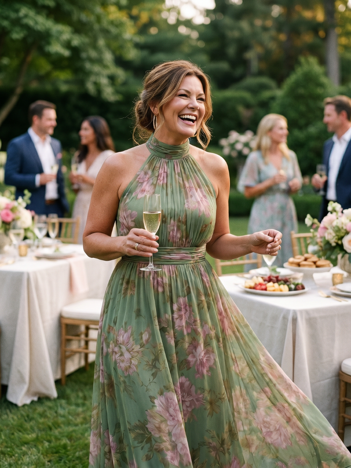 Floral Midi Dress with Halter Neckline and Gathered Bodice