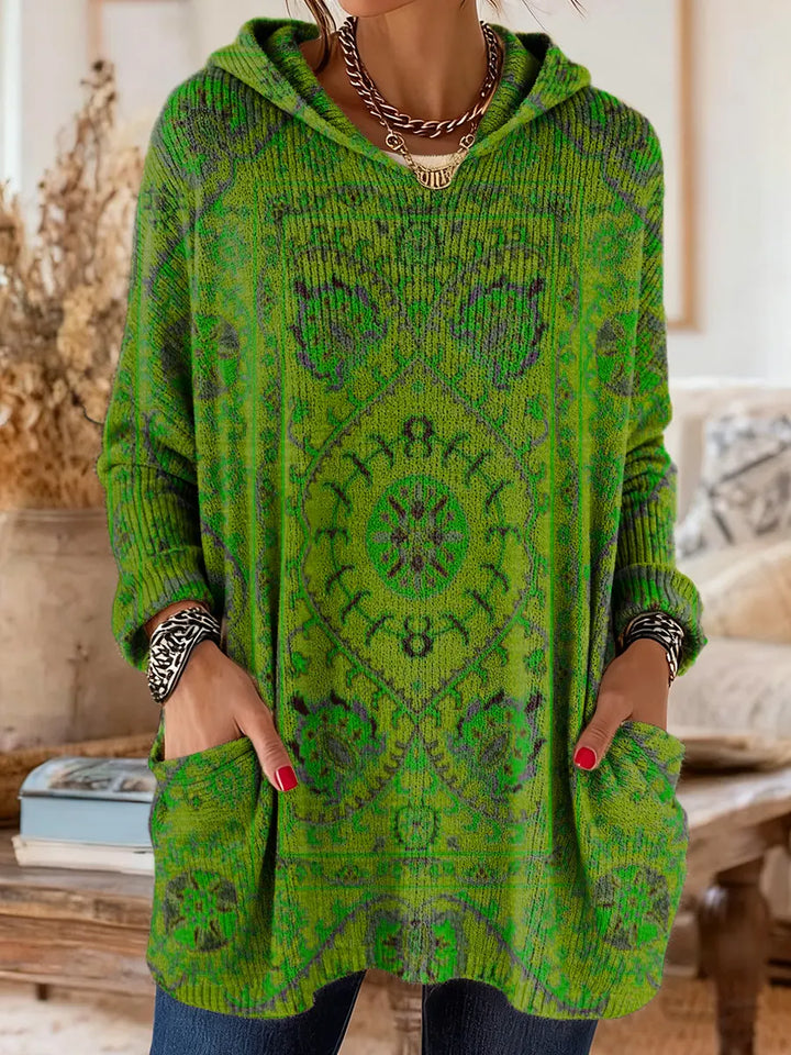 Retro Ethnic Print Hooded Knit Tunic
