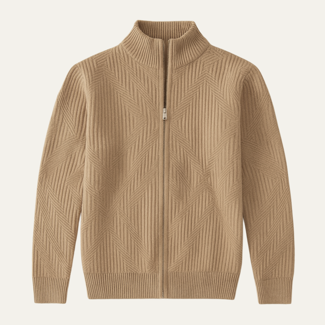 The Castellina Men’s Stand Collar Geometric Knit Zip Up Cardigan