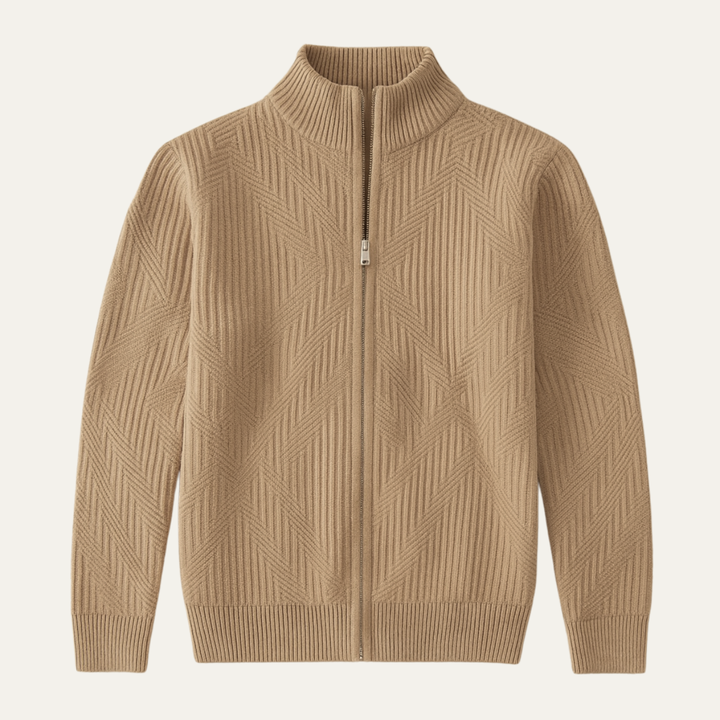 The Castellina Men’s Stand Collar Geometric Knit Zip Up Cardigan