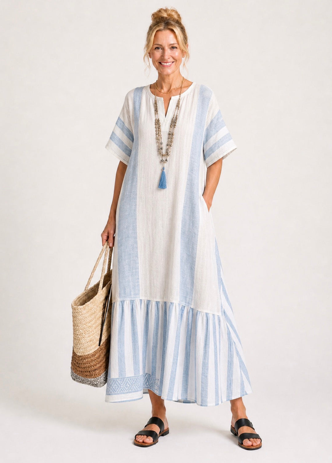 Ione | Round Neck Short Sleeve Striped Maxi Dress